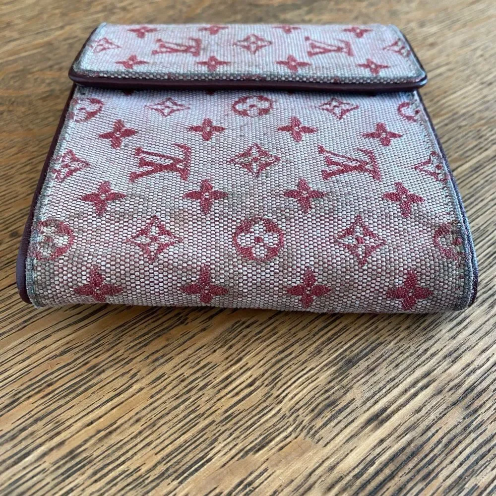 Louis Vuitton Red/Sepia Monogram Lin Porte-Tresor Canvas & Leather Wallet w/COA.
